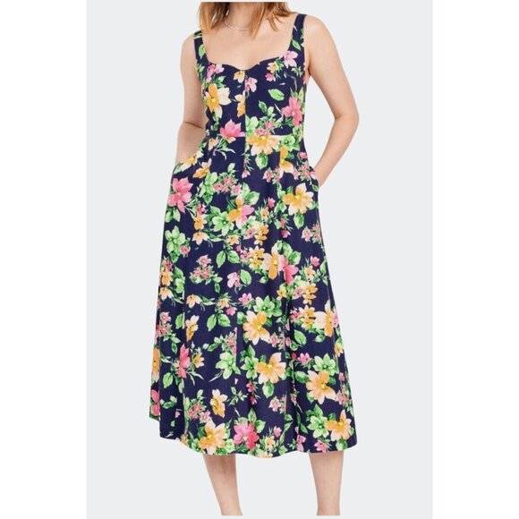 Old Navy Womens Navy Blue Floral Fit & Flare Linen Blend Midi Dress Size Medium - Picture 13 of 14